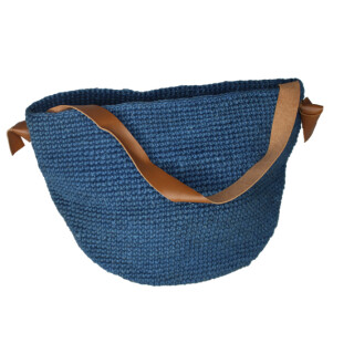 Jute-Tasche blau offen mit Leder-Henkel